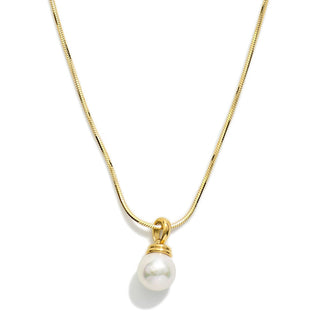 Gold necklace with a pearl pendant on a white background