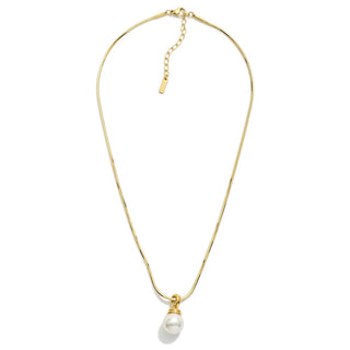 Gold necklace with a pearl pendant on a white background