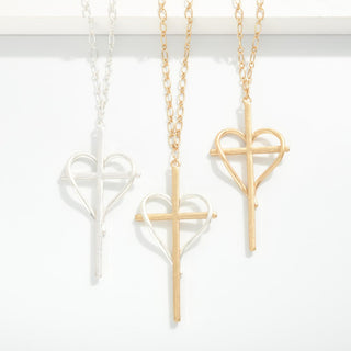 Three wire cross necklaces with heart-shaped wire frames, shown in silver, gold, and gold-plated finishes hanging against a clean white background.