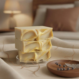 Three stacked soap bars on a glass plate with a blurred indoor setting