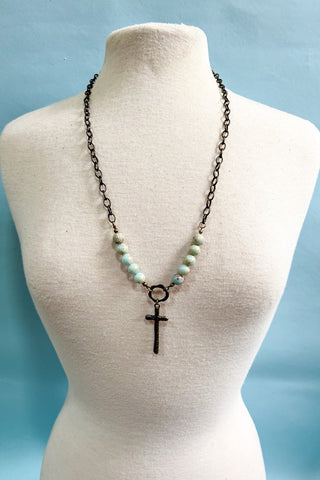 Necklace with natural beads and cross
