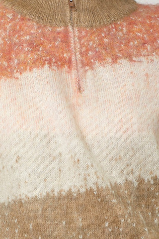 Close-up of a knitted sweater with color gradient from brown to white.