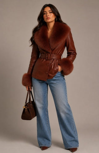 Woman wearing a brown leather coat with fur trim and blue jeans, holding a matching handbag.