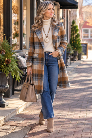 Woman wearing a long plaid coat, white sweater and jeans walking along a brick path