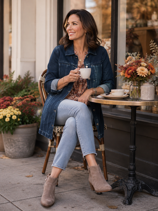 A woman sits on a wooden chair at an outdoor cafe table, wearing a dark blue denim jacket over a patterned top, light blue jeans, and taupe ankle boots. She holds a white mug, with flowers and storefront windows in the background.