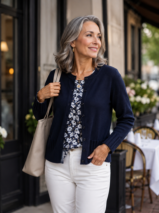 A woman with gray hair stands outdoors in front of a storefront, wearing a navy cardigan over a navy floral blouse and white pants, while carrying a beige tote bag.