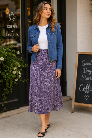 Woman wearing a blue denim jacket and purple patterned skirt standing outside a coffee shop.