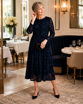 A woman models a long-sleeved midi dress in a restaurant setting. The dress is made of a dark navy blue floral lace overlay over a black underlayer, paired with black pointed-toe heels and a small black clutch.