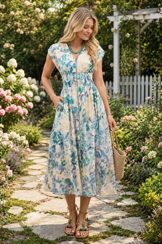 Woman in a floral dress walking through a garden