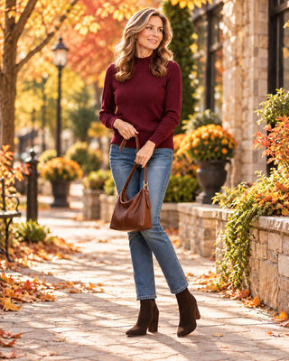 Woman wearing a burgundy colored top and jeans holding a purse