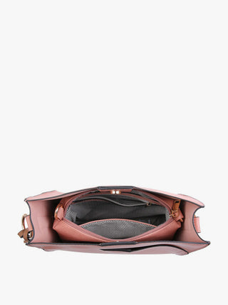 Rose gold handbag with open flap on a white background