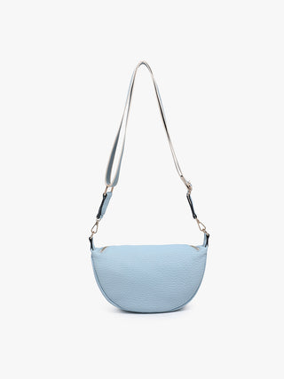 Light blue handbag with a strap on a white background