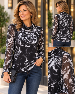 3 different views of a woman wearing a floral black top