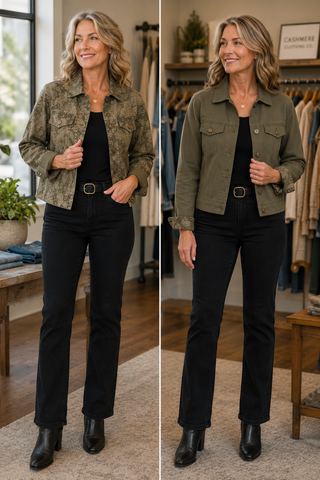 A side-by-side comparison of a woman modeling the same jacket in a boutique. The left panel shows the jacket in a muted olive-brown camouflage pattern, and the right panel shows it in a solid olive green.
