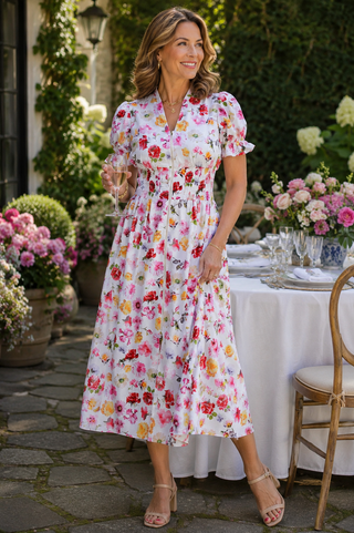 Woman in a floral dress standing outdoors near a table with flowers and glasses.