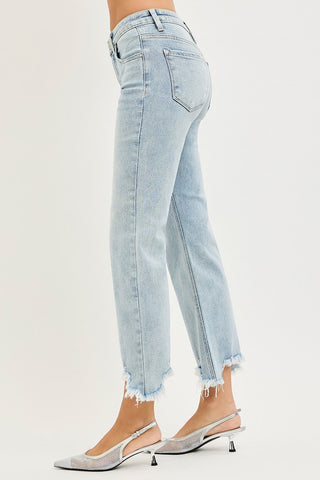 Light wash jeans against a white background
