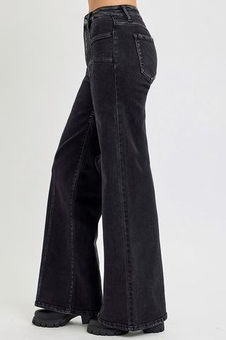 Black wide-leg jeans on a white background