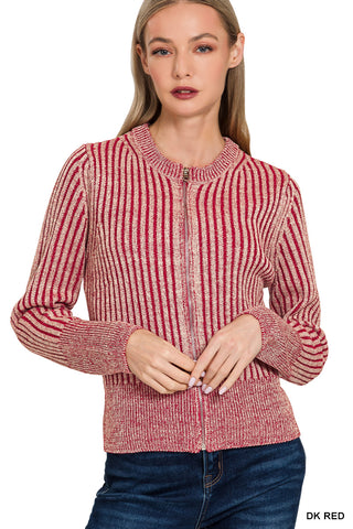 Woman wearing a red striped sweater