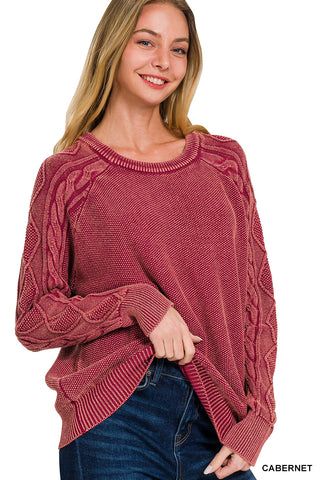Red sweater with cable sleeves