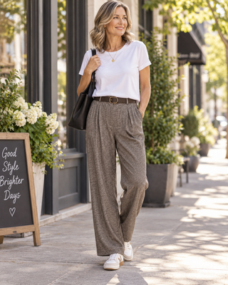 A woman stands on a sunny city sidewalk wearing a white short-sleeve crewneck t-shirt, high-waisted brown wide-leg trousers with a thin brown belt, white sneakers, and carrying a black shoulder bag.
