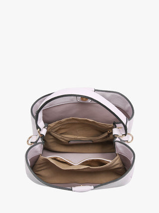 Open handbag showing interior compartments on a white background