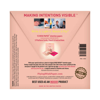 Back of a product packaging for 'Making Intentions Visible' with text and images on a pink background.