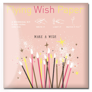 Product packaging for 'Flying Wish Paper' with illustrations of candles and stars on a pink background.
