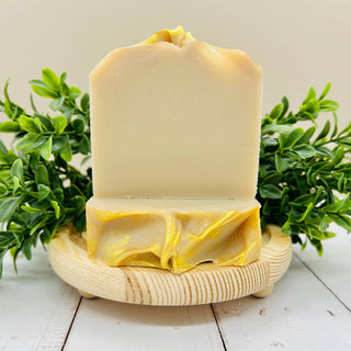 Bar of soap on a wooden soap dish with greenery in the background