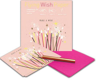 Pink cards with candles and a pen, featuring 'Flying Wish Paper' branding.