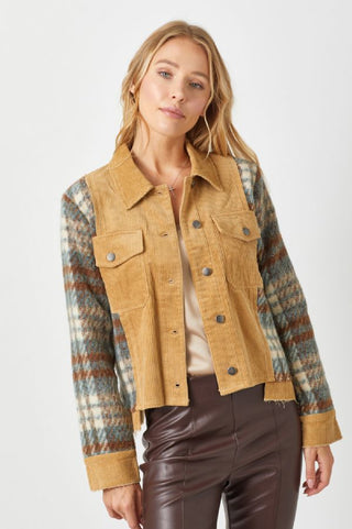 Plaid Sleeve Corduroy Jacket